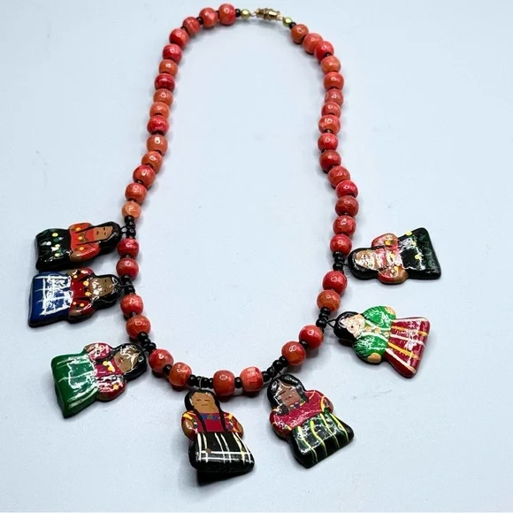 Vintage Colorful Guatemala Beaded Necklace featuring Clay Doll Charms